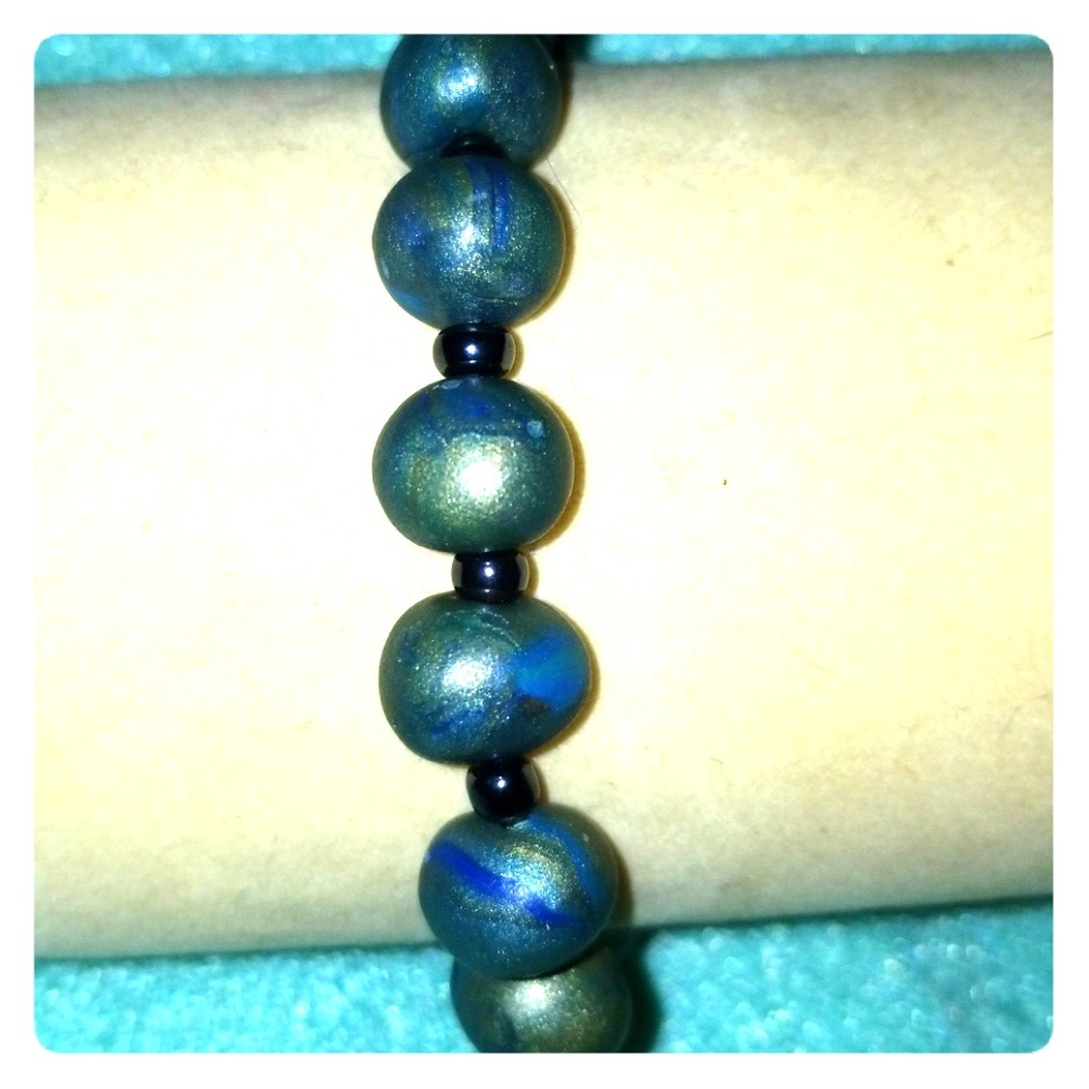 Blue and Gold Polymer Clay Stretch Bracelet